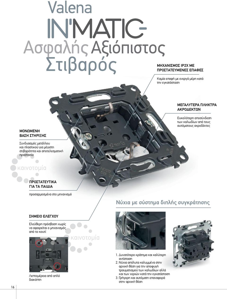 στο μηχανισμό Νύχια με σύστημα διπλής συγκράτησης ΣΗΜΕΙΟ ΕΛΕΓΧΟΥ Ελεύθερη πρόσβαση χωρίς να αφαιρείται ο μηχανισμός από το κουτί καινοτομία 16 Λεπτομέρεια από απλό διακόπτη 1.