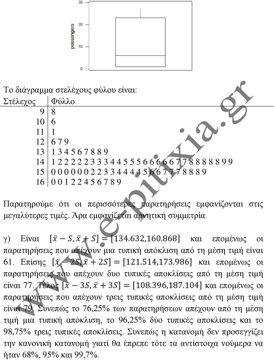 γ) Είναι και επομένως οι παρατηρήσεις που απέχουν μια τυπική απόκλιση από τη μέση τιμή είναι 61. Επίσης και επομένως οι παρατηρήσεις που απέχουν δυο τυπικές αποκλίσεις από τη μέση τιμή είναι 77.