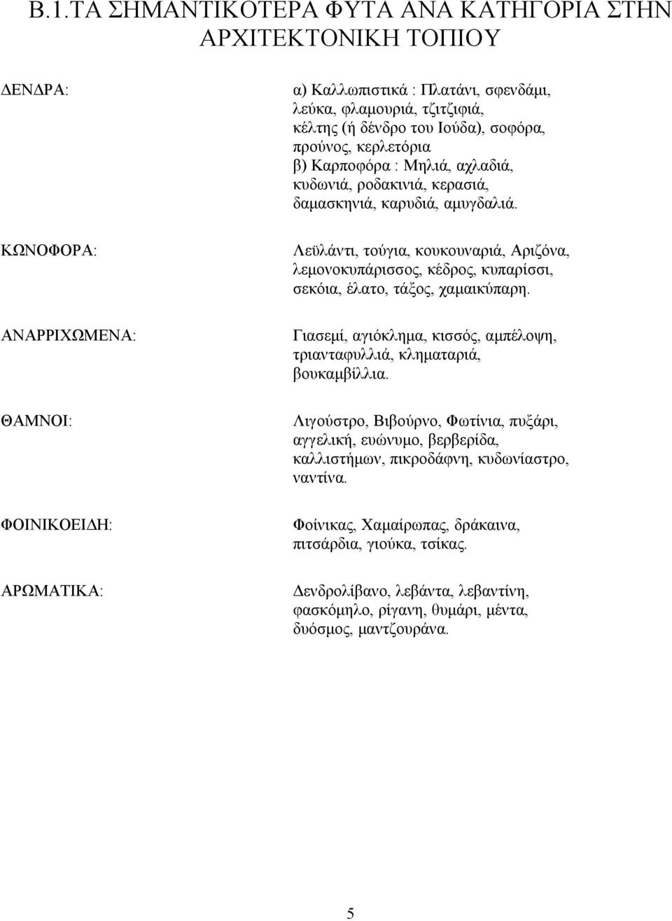 Λεϋλάντι, τούγια, κουκουναριά, Αριζόνα, λεµονοκυπάρισσος, κέδρος, κυπαρίσσι, σεκόια, έλατο, τάξος, χαµαικύπαρη. Γιασεµί, αγιόκληµα, κισσός, αµπέλοψη, τριανταφυλλιά, κληµαταριά, βουκαµβίλλια.