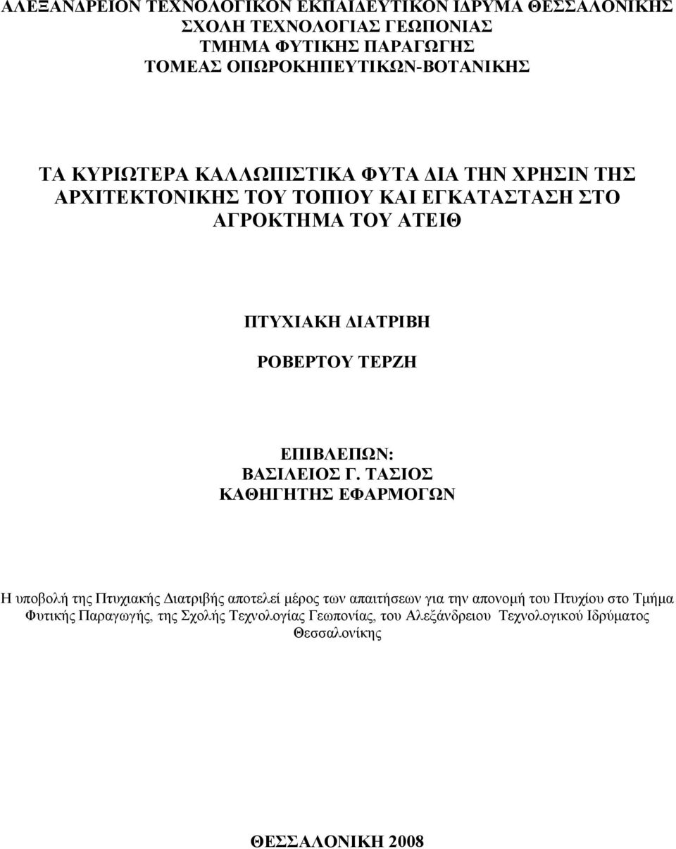 ΠΤΥΧΙΑΚΗ ΙΑΤΡΙΒΗ ΡΟΒΕΡΤΟΥ ΤΕΡΖΗ ΕΠΙΒΛΕΠΩΝ: ΒΑΣΙΛΕΙΟΣ Γ.