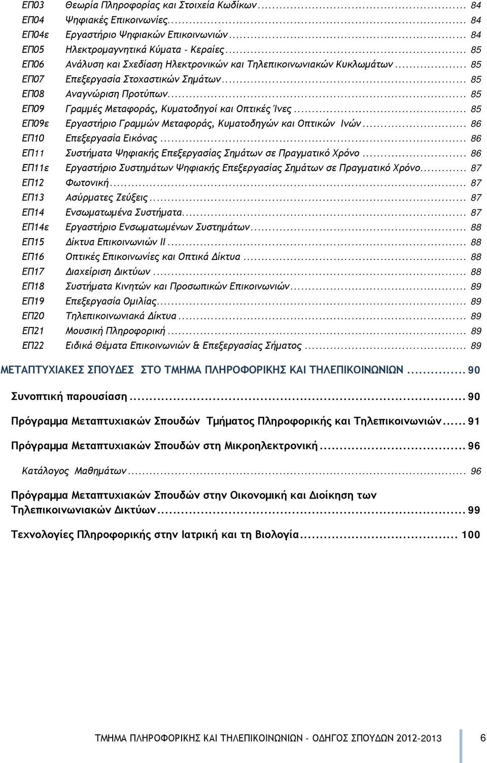 .. 85 ΕΠ09 Γραμμές Μεταφοράς, Κυματοδηγοί και Οπτικές Ίνες... 85 ΕΠ09ε Εργαστήριο Γραμμών Μεταφοράς, Κυματοδηγών και Οπτικών Ινών... 86 ΕΠ10 Επεξεργασία Εικόνας.