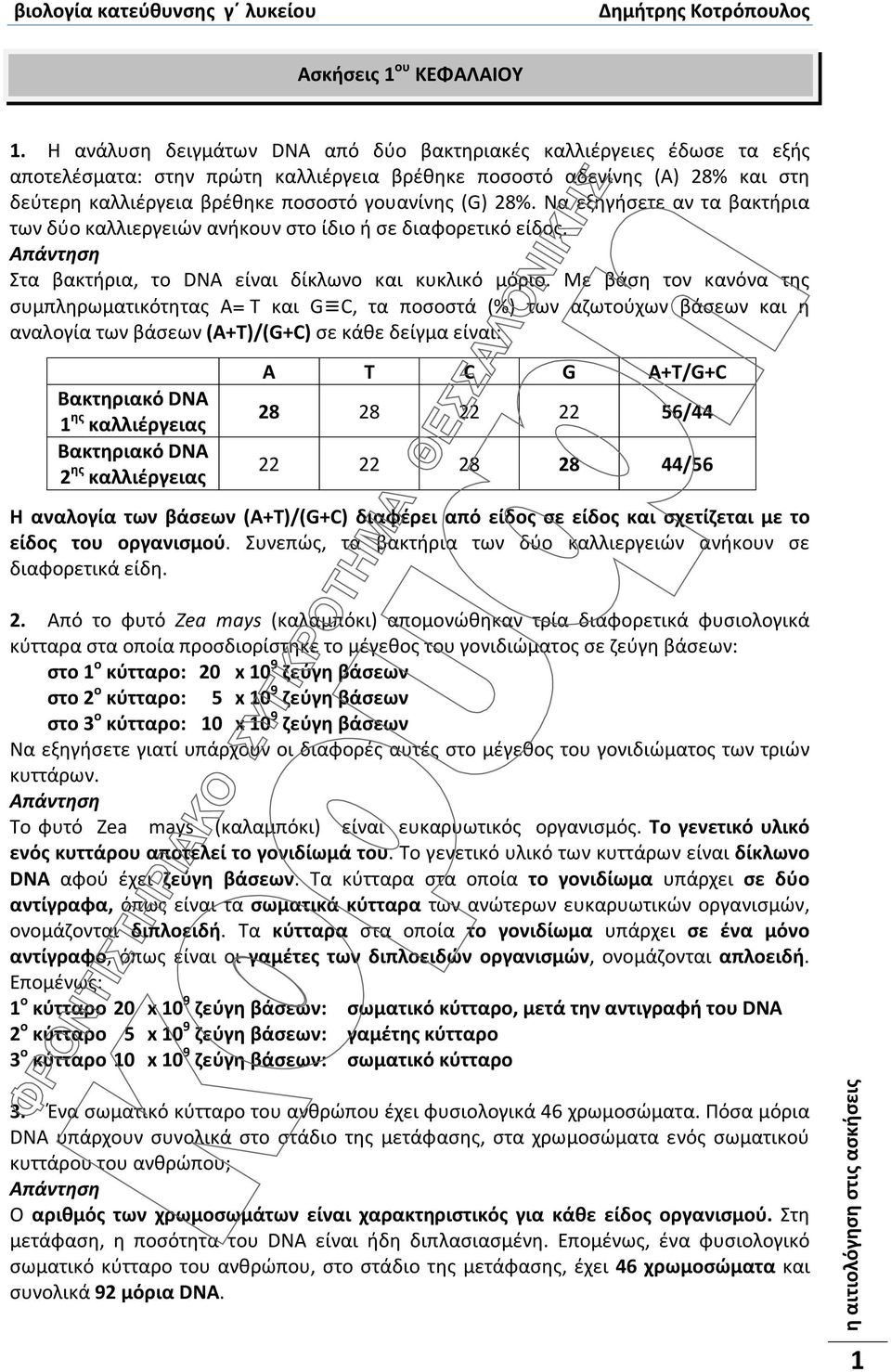 28%. Να εξηγήσετε αν τα βακτήρια των δύο καλλιεργειών ανήκουν στο ίδιο ή σε διαφορετικό είδος. Στα βακτήρια, το DNA είναι δίκλωνο και κυκλικό μόριο.