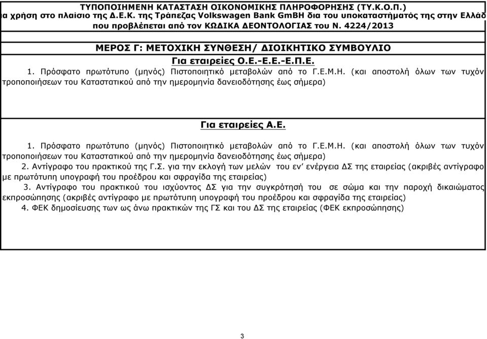 Αντίγραφο του πρακτικού της Γ.Σ. για την εκλογή των µελών του εν ενέργεια ΔΣ της εταιρείας (ακριβές αντίγραφο µε πρωτότυπη υπογραφή του προέδρου και σφραγίδα της εταιρείας) 3.