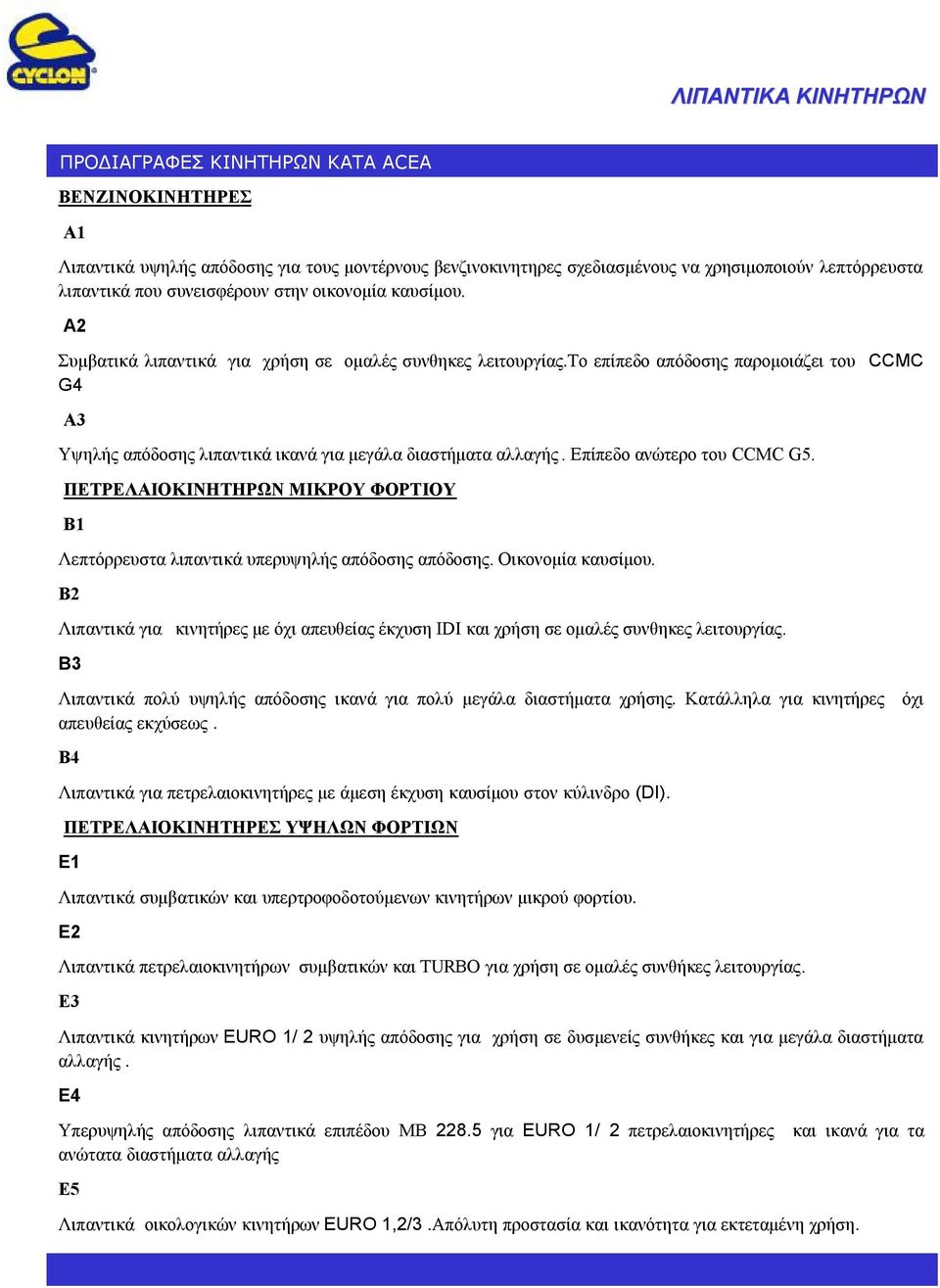 Επίπεδοανώτεροτου CCMC G5. ΠΕΤΡΕΛΑΙΟΚΙΝΗΤΗΡΩΝΜΙΚΡΟΥ ΦΟΡΤΙΟΥ B1 Λεπτόρρευστα λιπαντικάυπερυψηλήςαπόδοσης απόδοσης. Οικονομία καυσίμου.