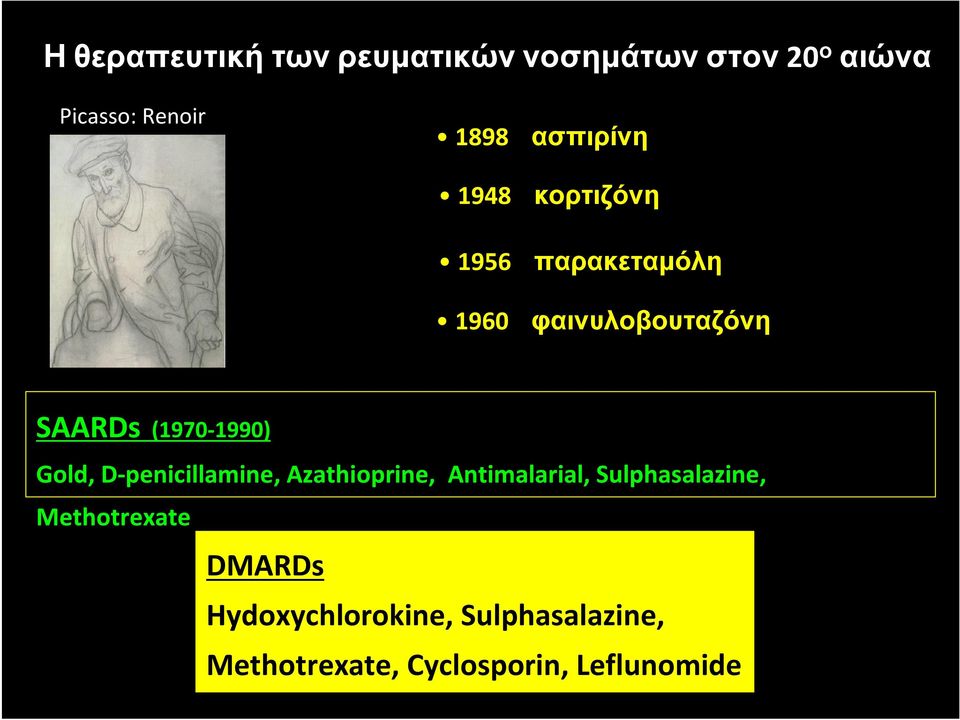 (1970-1990) Gold, D-penicillamine, Azathioprine, Antimalarial, Sulphasalazine,