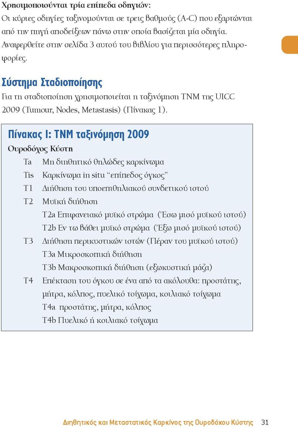 Σύστημα Σταδιοποίησης Για τη σταδιοποίηση χρησιμοποιείται η ταξινόμηση TNM της UI 2009 (Τumour, Nodes, Metastasis) (Πίνακας 1).