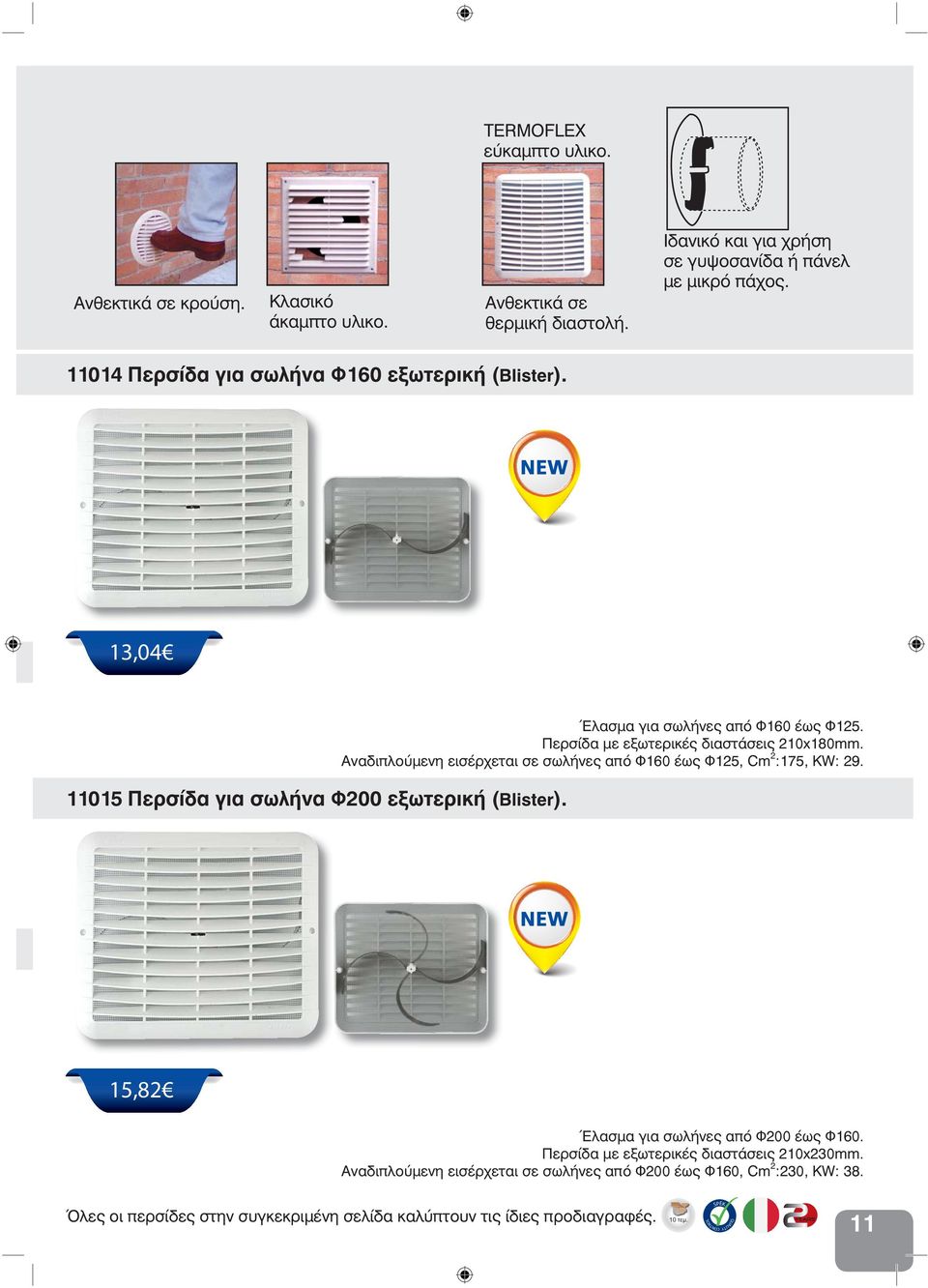 Περσίδα με εξωτερικές διαστάσεις 210x180mm. Αναδιπλούμενη εισέρχεται σε σωλήνες από Φ160 έως Φ125, Cm 2 :175, KW: 29. 15,82 Έλασμα για σωλήνες από Φ200 έως Φ160.