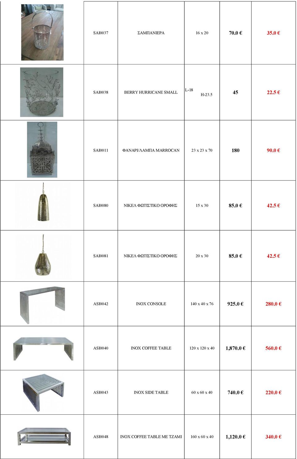 0 ASI0040 INOX COFFEE TABLE 120 x 120 x 40 1,870.0 560.0 ASI0043 INOX SIDE TABLE 60 x 60 x 40 740.0 220.