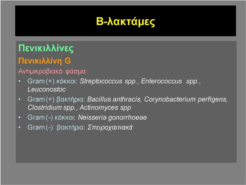 , Leuconostoc Gram (+) βακτήρια: Bacillus anthracis, Corynobacterium