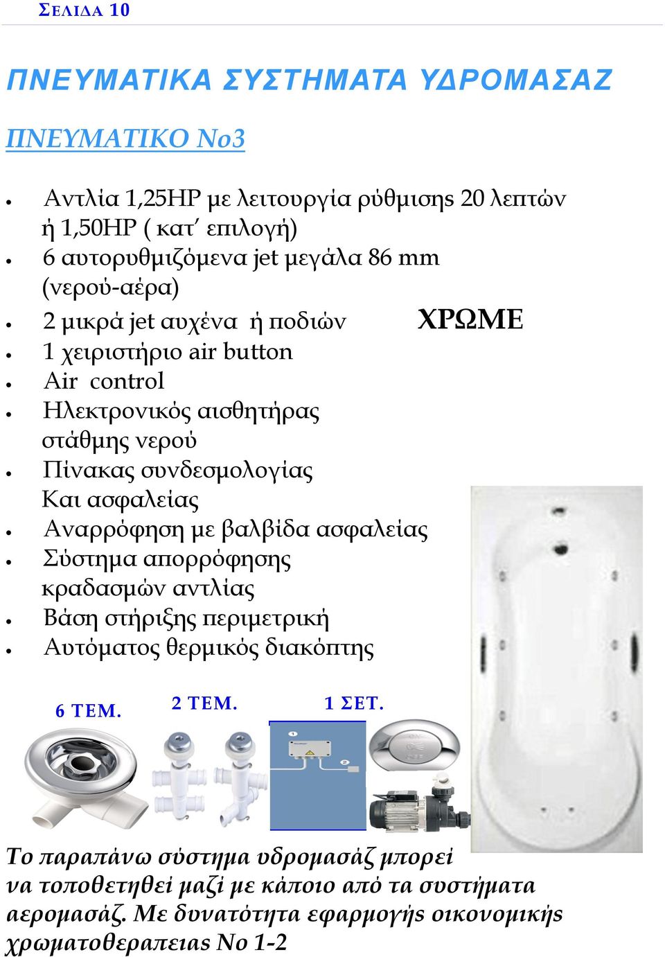 ασφαλείας Αναρρόφηση με βαλβίδα ασφαλείας Σύστημα απορρόφησης κραδασμών αντλίας Βάση στήριξης περιμετρική Αυτόματος θερμικός διακόπτης 6 TEM. 2 TEM. 1 ΣΕΤ.