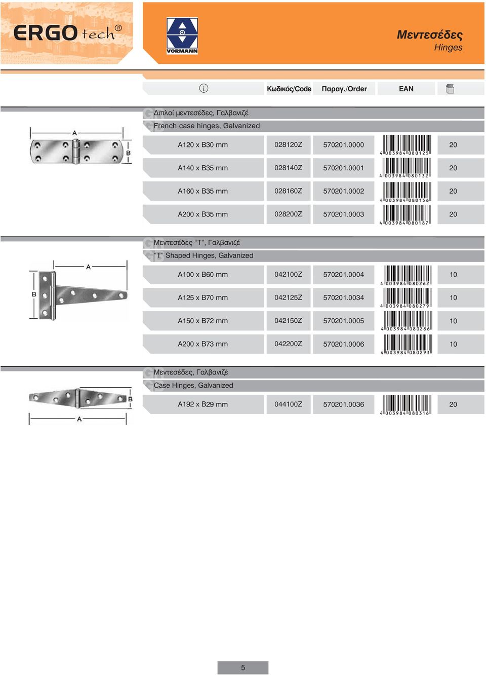 0003 20 Μεντεσέδες Τ, Γαλβανιζέ Τ Shaped Hnges, Galvanzed Α100 x Β60 mm 042100Ζ 570201.0004 10 Α125 x Β70 mm 042125Ζ 570201.