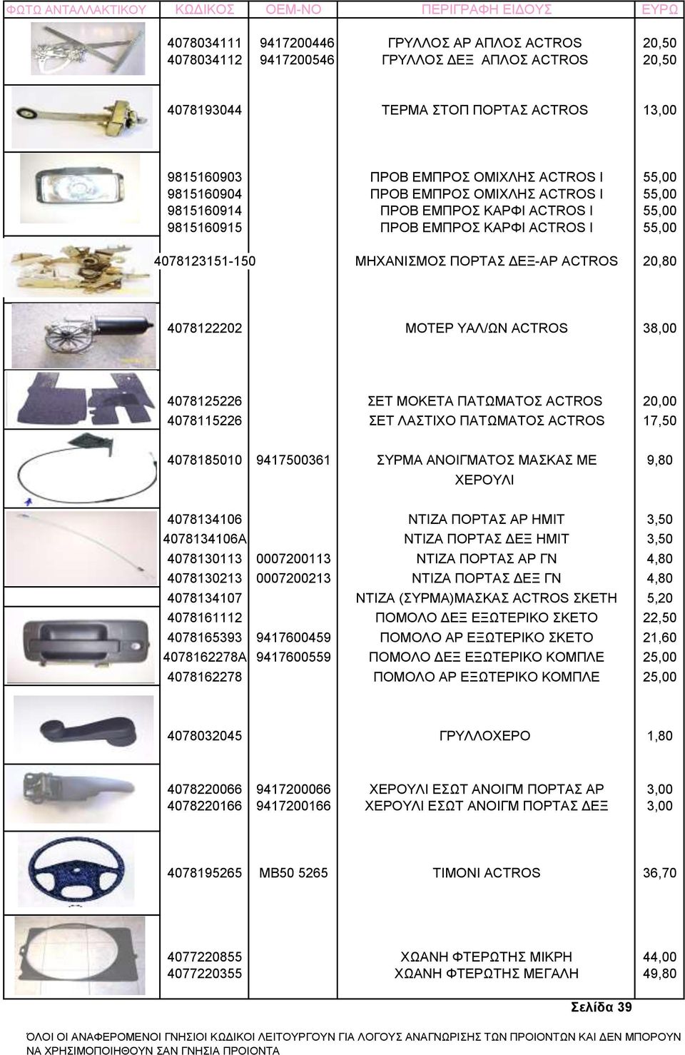 ΜΟΤΕΡ ΥΑΛ/ΩΝ ACTROS 38,00 4078125226 ΣΕΤ ΜΟΚΕΤΑ ΠΑΤΩΜΑΤΟΣ ACTROS 20,00 4078115226 ΣΕΤ ΛΑΣΤΙΧΟ ΠΑΤΩΜΑΤΟΣ ACTROS 17,50 4078185010 9417500361 ΣΥΡΜΑ ΑΝΟΙΓΜΑΤΟΣ ΜΑΣΚΑΣ ΜΕ 9,80 ΧΕΡΟΥΛΙ 4078134106 ΝΤΙΖΑ