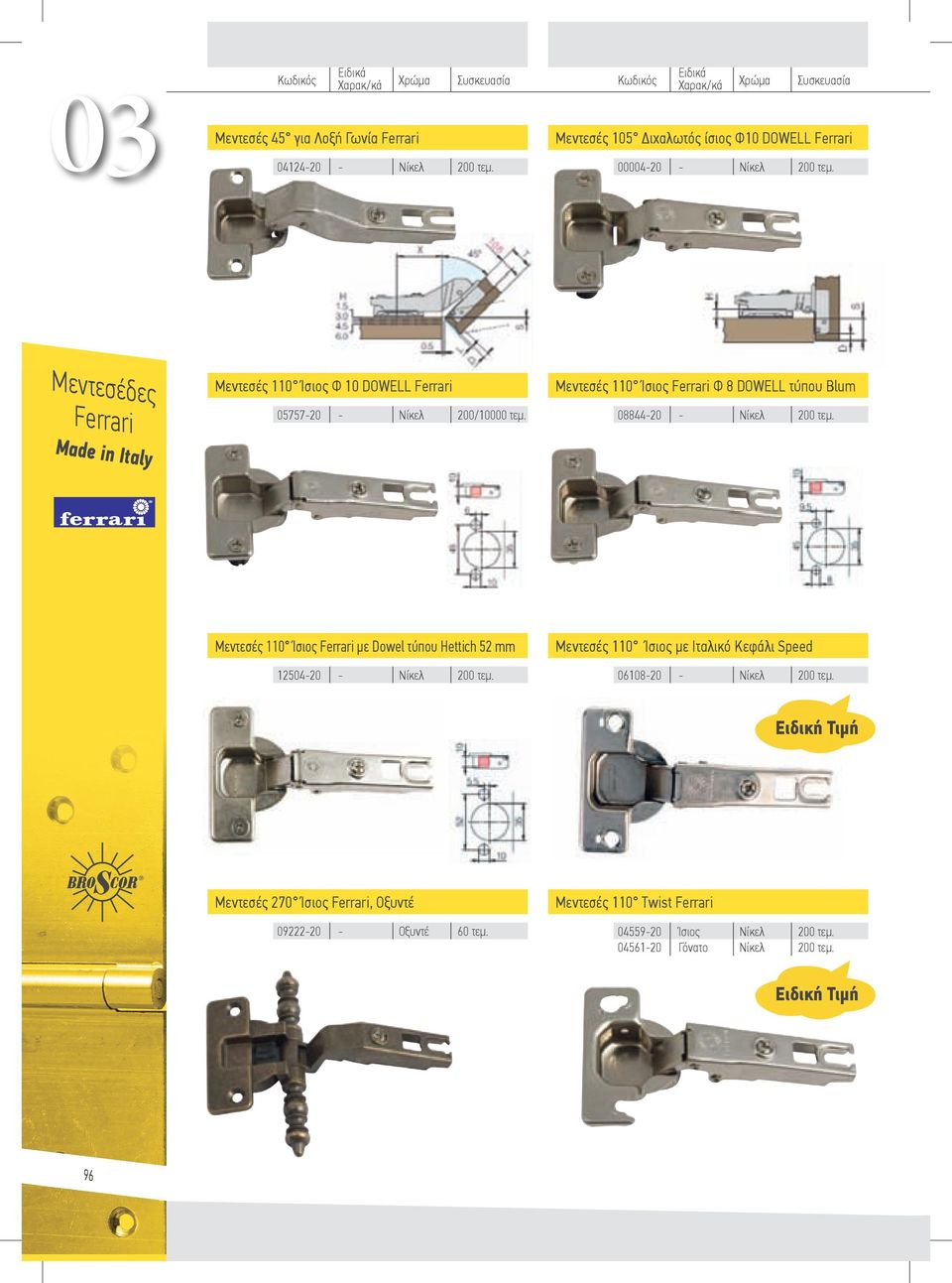 Μεντεσές 110 Ίσιος Ferrari Φ 8 DOWELL τύπου Blum 0884420 Μεντεσές 110 Ίσιος Ferrari με Dowel τύπου Hettich 52 mm