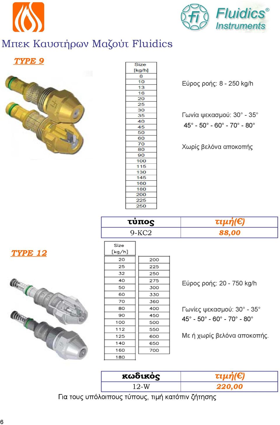 12 Εύρος ροής: 20-750 kg/h Γωνίες ψεκασμού: 30-35 45-50 - 60-70 - 80 Με ή