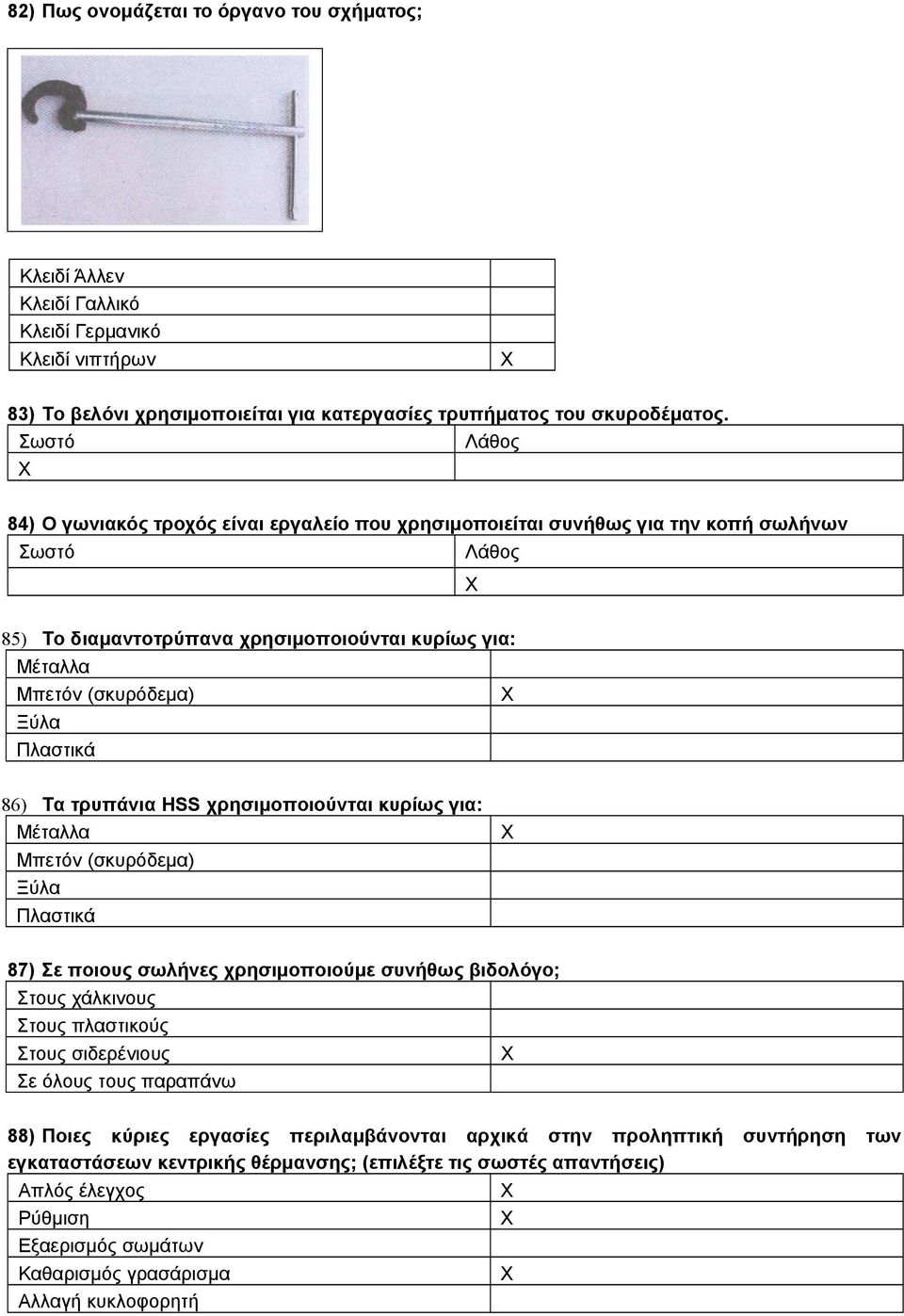 Πλαστικά 86) Τα τρυπάνια HSS χρησιμοποιούνται κυρίως για: Μέταλλα Μπετόν (σκυρόδεμα) Ξύλα Πλαστικά 87) Σε ποιους σωλήνες χρησιμοποιούμε συνήθως βιδολόγο; Στους χάλκινους Στους πλαστικούς Στους