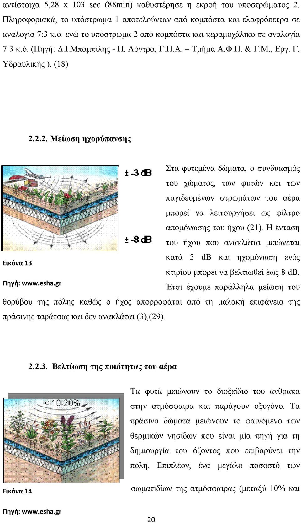 2.2. Μείωση ηχορύπανσης Στα φυτεμένα δώματα, ο συνδυασμός του χώματος, των φυτών και των παγιδευμένων στρωμάτων του αέρα μπορεί να λειτουργήσει ως φίλτρο απομόνωσης του ήχου (21).