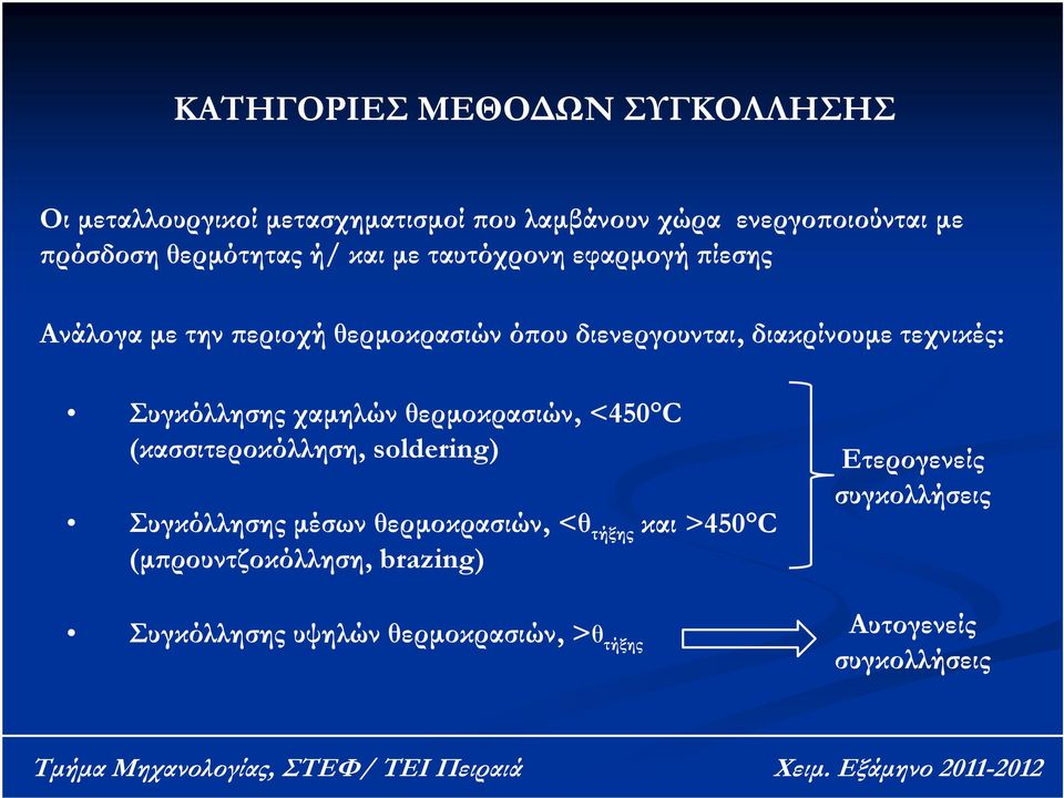 τεχνικές: Συγκόλλησης χαμηλών θερμοκρασιών, <450 C (κασσιτεροκόλληση, soldering) Συγκόλλησης μέσων θερμοκρασιών, <θ