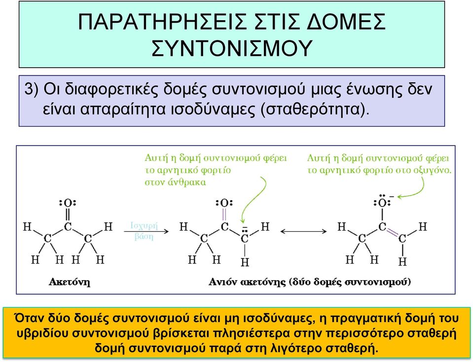 Όταν δύο δομές συντονισμού είναι μη ισοδύναμες, η πραγματική δομή του υβριδίου