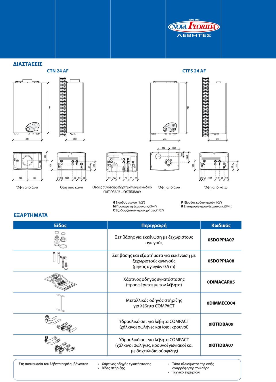 Προσαγωγή θέρμανσης (3/4 ) C Έξοδος ζεστού νερού χρήσης (1/2 ) F Είσοδος κρύου νερού (1/2 ) R Επιστροφή νερού θέρμανσης (3/4 ) Είδος Περιγραφή Κωδικός Σετ βάσης για εκκένωση με ξεχωριστούς αγωγούς