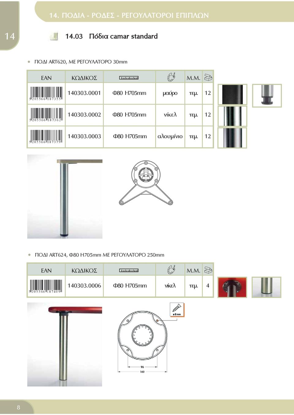 0001 Φ80 Η705mm μαύρο τεμ. 12 0303.0002 Φ80 Η705mm νίκελ τεμ. 12 0303.0003 Φ80 Η705mm αλουμίνιο τεμ.