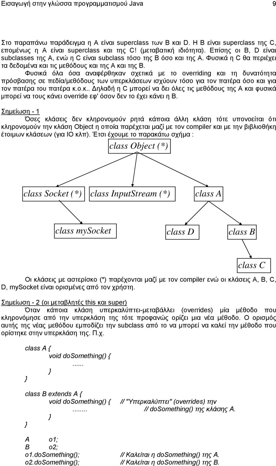 Φυσικά όλα όσα αναφέρθηκαν σχετικά με το overriding και τη δυνατότητα πρόσβασης σε πεδία/μεθόδους των υπερκλάσεων ισχύουν τόσο για τον πατέρα όσο και για τον πατέρα του πατέρα κ.ο.κ.. Δηλαδή η C μπορεί να δει όλες τις μεθόδους της Α και φυσικά μπορεί να τους κάνει override εφ' όσον δεν το έχει κάνει η Β.