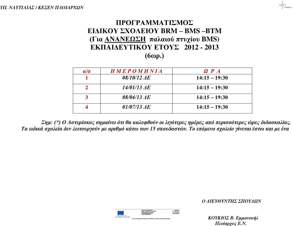 ) α/α Η Μ Ε Ρ Ο Μ Η Ν Ι Α Ω Ρ Α 1 08/10/12 ΔΕ 14:15 19:30