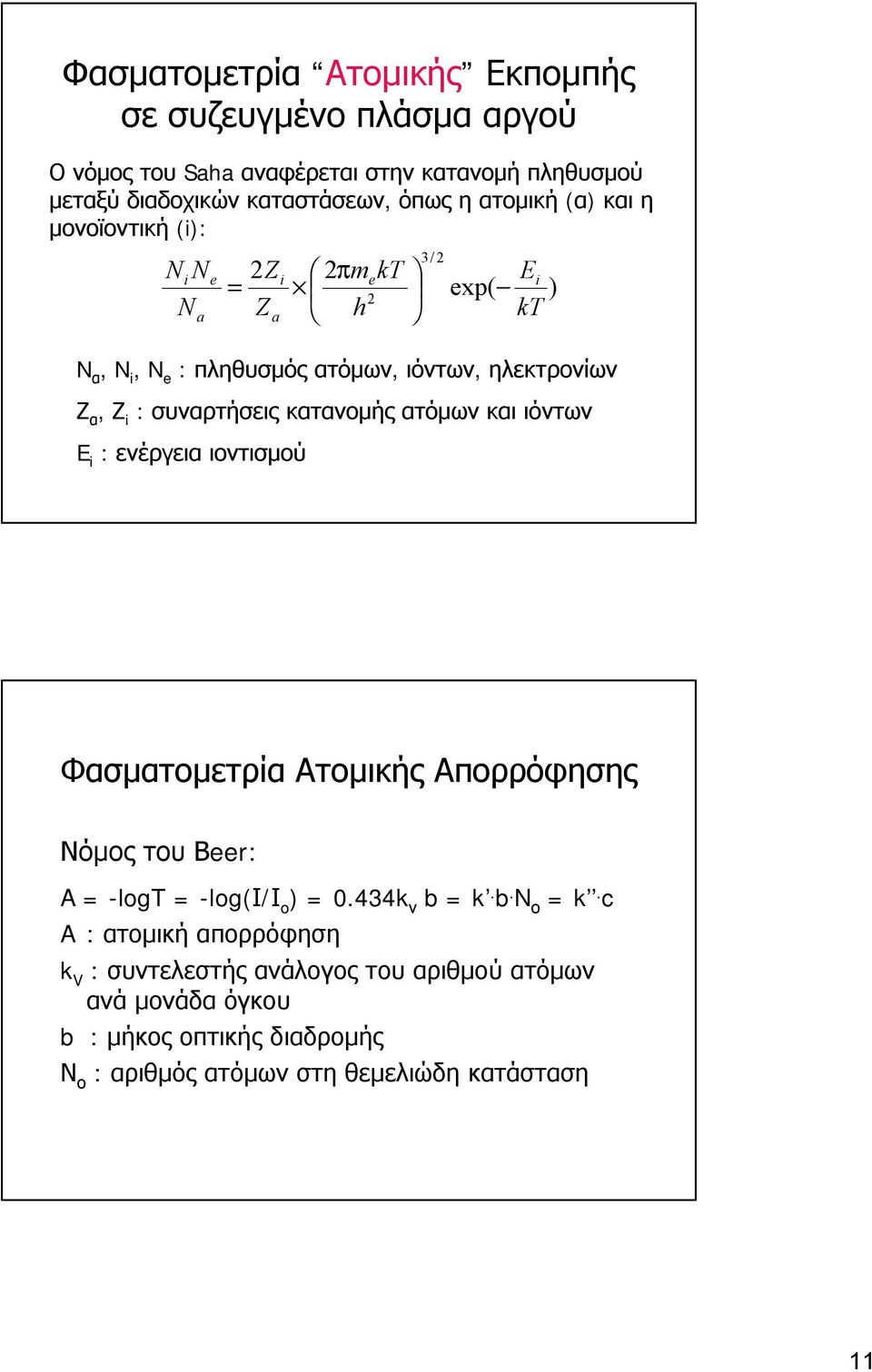 κατανομής ατόμων και ιόντων E i : ενέργεια ιοντισμού Φασματομετρία Ατομικής Απορρόφησης Νόμος του Βeer: A=-logT =-log(ι/ι o )=0.434k ν b = k. b. N ο = k.