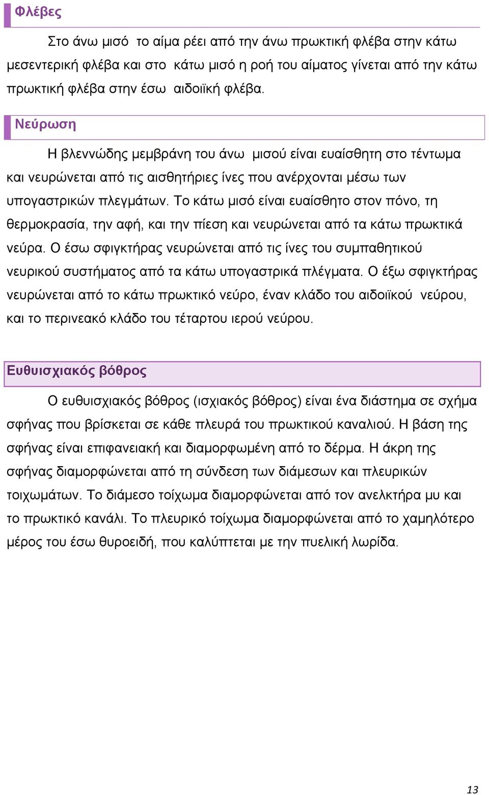 Το κάτω μισό είναι ευαίσθητο στον πόνο, τη θερμοκρασία, την αφή, και την πίεση και νευρώνεται από τα κάτω πρωκτικά νεύρα.