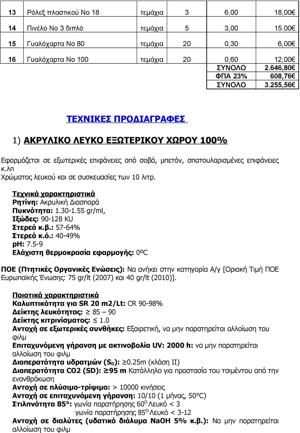 λπ Χρώματος λευκού και σε συσκευασίες των 10 λιτρ. Ρητίνη: Ακρυλική Διασπορά Πυκνότητα: 1.30-1.55 gr/ml, Ιξώδες: 90-128 KU Στερεά κ.β.: 57-64% Στερεά κ.ό.: 40-49% ph: 7.