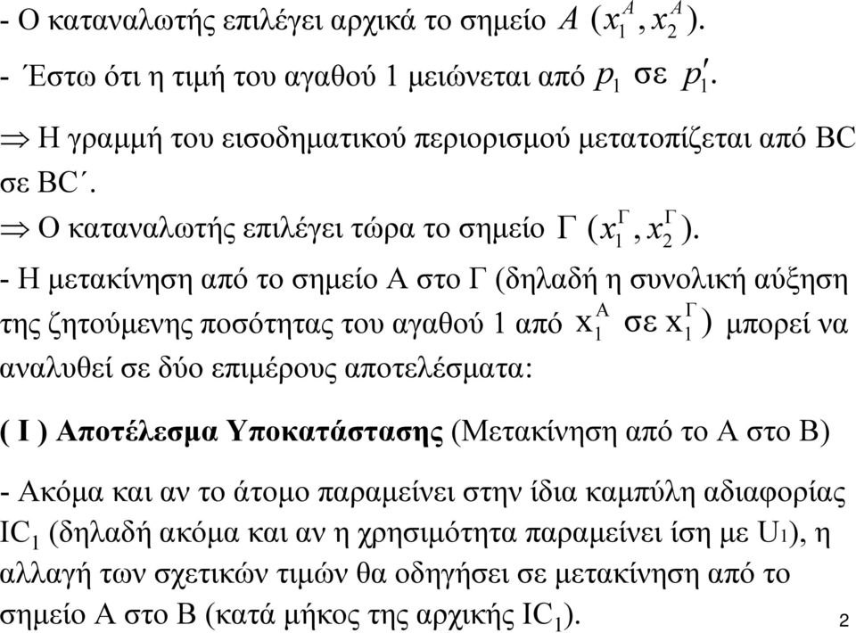 Γ Γ - ΗμετακίνησηαπότοσημείοΑστοΓ(δηλαδήησυνολικήαύξηση της ζητούμενης ποσότητας του αγαθού από αναλυθεί σε δύο επιμέρους αποτελέσματα: x σε x ) A Γ μπορεί να ( Ι )