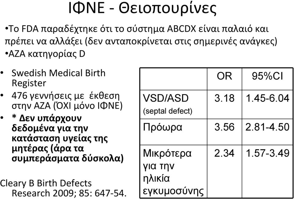 υπάρχουν δεδομένα για την κατάσταση υγείας της μητέρας (άρα τα συμπεράσματα δύσκολα) Cleary B Birth Defects Research 2009;