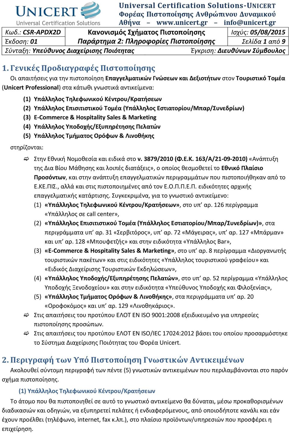 Τηλεφωνικού Κέντρου/Κρατήσεων (2) Υπάλληλος Επισιτιστικού Τομέα (Υπάλληλος Εστιατορίου/Μπαρ/Συνεδρίων) (3) E-Commerce & Hospitality Sales & Marketing (4) Υπάλληλος Υποδοχής/Εξυπηρέτησης Πελατών (5)