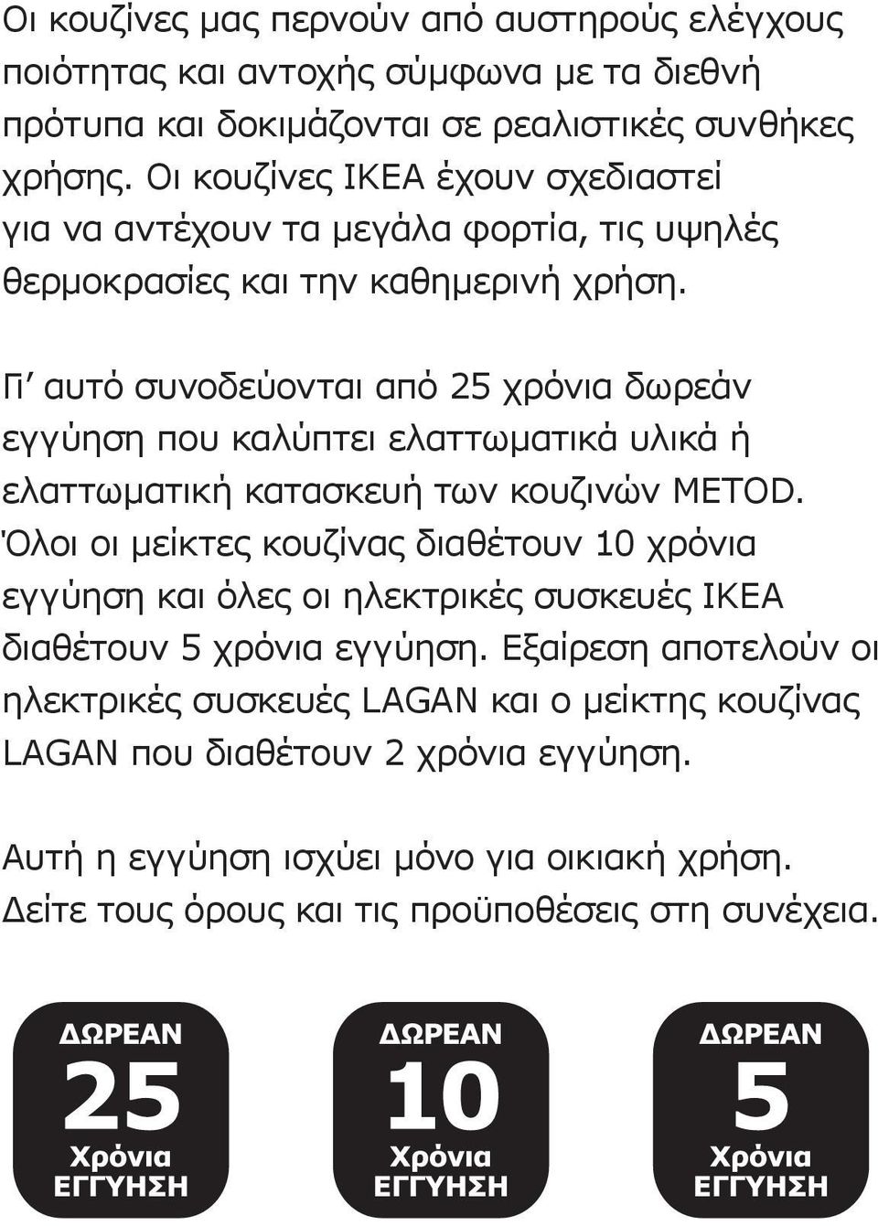 Γι αυτό συνοδεύονται από 25 χρόνια δωρεάν εγγύηση που καλύπτει ελαττωματικά υλικά ή ελαττωματική κατασκευή των κουζινών METOD.