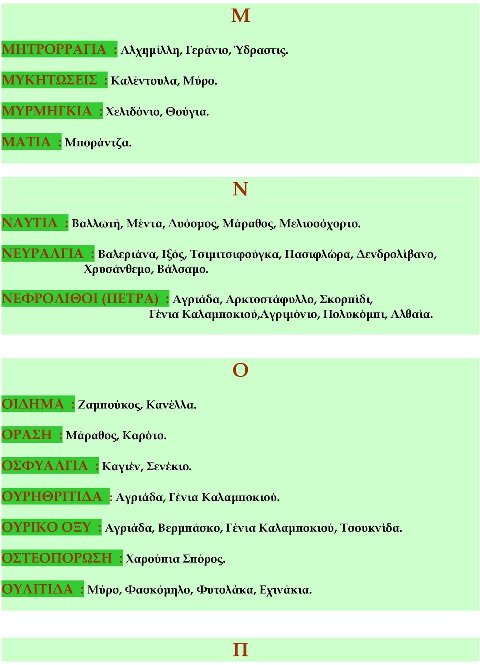 ΝΕΦΡΟΛΙΘΟΙ (ΠΕΤΡΑ) : Αγριάδα, Αρκτοστάφυλλο, Σκορπίδι, Γένια Καλαμποκιού,Αγριμόνιο, Πολυκόμπι, Αλθαία. Ν ΟΙΔΗΜΑ : Ζαμπούκος, Κανέλλα. ΟΡΑΣΗ : Μάραθος, Καρότο.