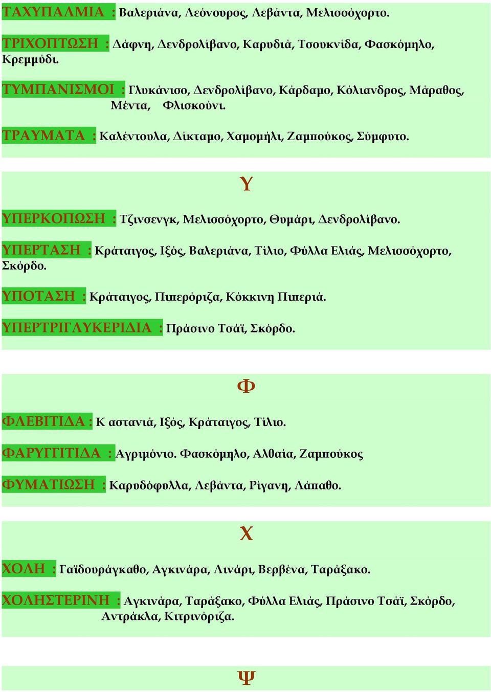 ΥΠΕΡΚΟΠΩΣΗ : Τζινσενγκ, Μελισσόχορτο, Θυμάρι, Δενδρολίβανο. ΥΠΕΡΤΑΣΗ : Κράταιγος, Ιξός, Βαλεριάνα, Τίλιο, Φύλλα Ελιάς, Μελισσόχορτο, Σκόρδο. ΥΠΟΤΑΣΗ : Κράταιγος, Πιπερόριζα, Κόκκινη Πιπεριά.