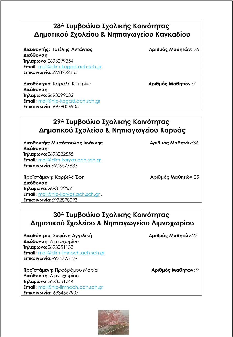 gr Επικοινωνία: 6979006905 29 Α Συμβούλιο Σχολικής Κοινότητας Δημοτικού Σχολείου & Νηπιαγωγείου Καρυάς Διευθυντής: Μιτσόπουλος Ιωάννης Τηλέφωνο:2693022555 Email: mail@dim-karyas.ach.sch.