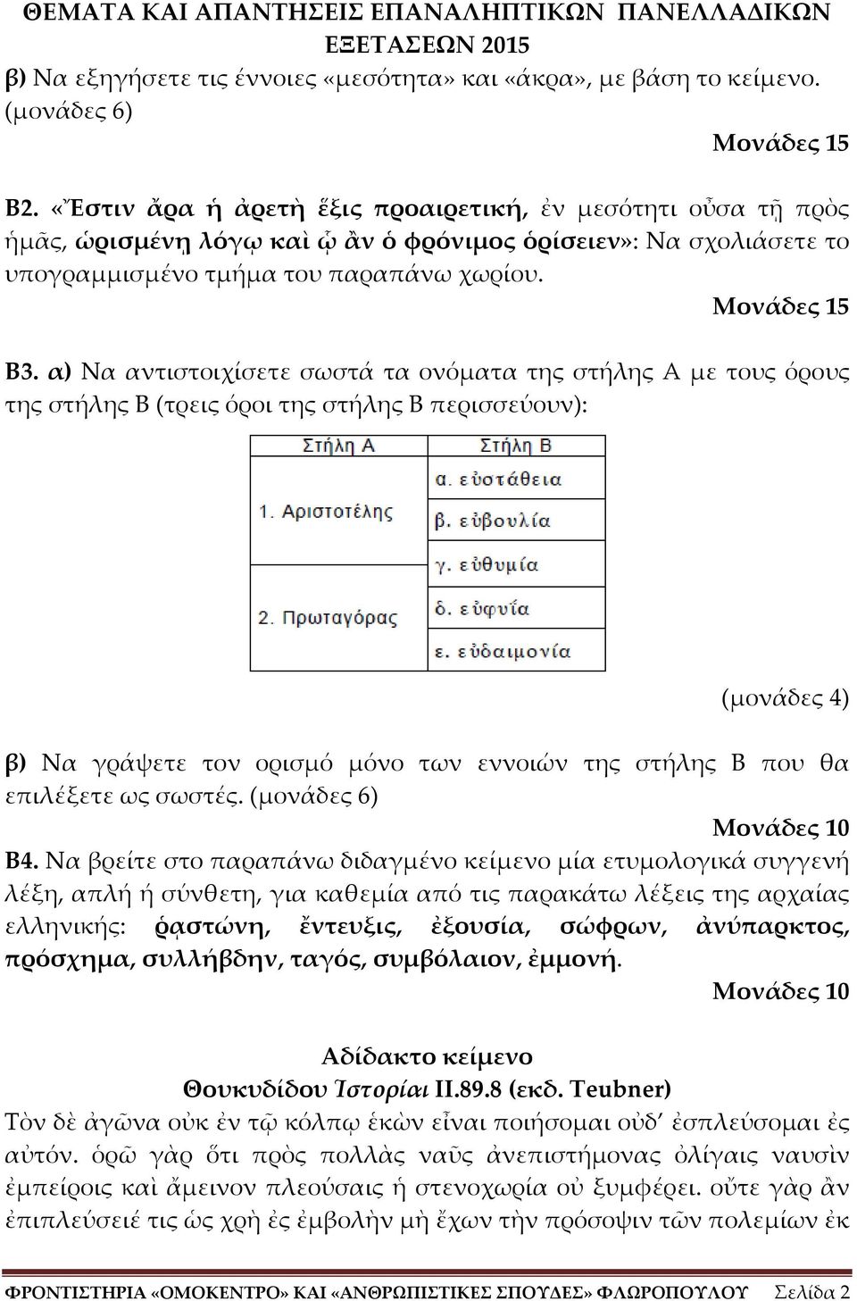 α) Να αντιστοιχίσετε σωστά τα ονόματα της στήλης Α με τους όρους της στήλης Β (τρεις όροι της στήλης Β περισσεύουν): (μονάδες 4) β) Να γράψετε τον ορισμό μόνο των εννοιών της στήλης Β που θα