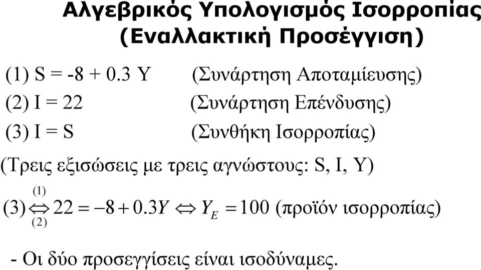 (Συνθήκη Ισορροπίας) (Τρεις εξισώσεις με τρεις αγνώστους: S, I, Y) (1) (3)