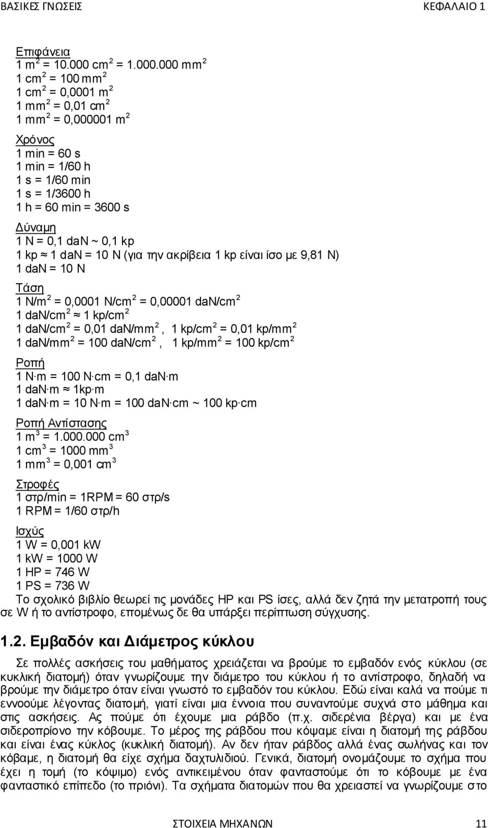 000 mm 2 1 cm 2 = 100 mm 2 1 cm 2 = 0,0001 m 2 1 mm 2 = 0,01 cm 2 1 mm 2 = 0,000001 m 2 Χρόνος 1 min = 60 s 1 min = 1/60 h 1 s = 1/60 min 1 s = 1/3600 h 1 h = 60 min = 3600 s Δύναμη 1 N = 0,1 dan ~