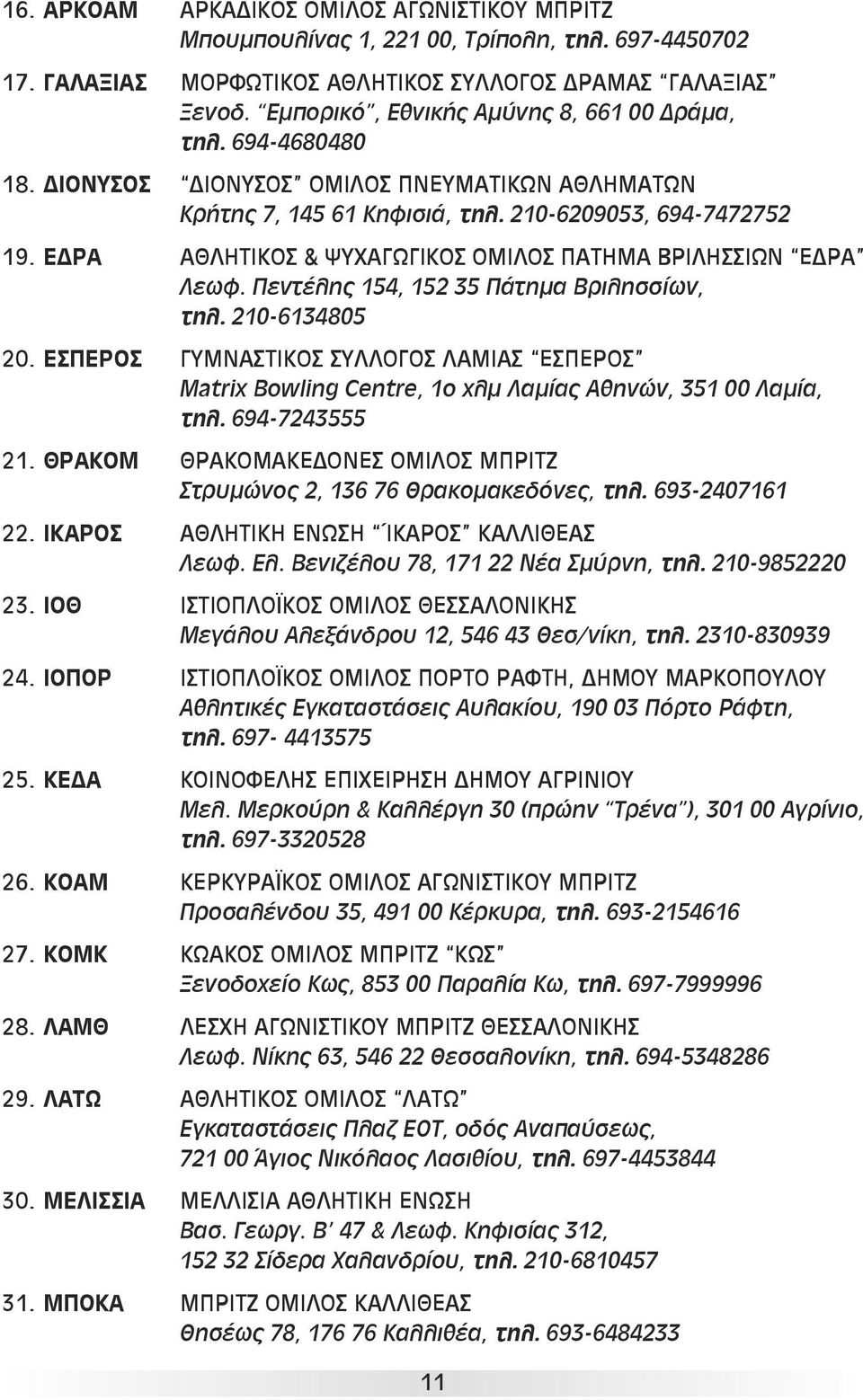 ΕΔΡΑ ΑΘΛΗΤΙΚΟΣ & ΨΥΧΑΓΩΓΙΚΟΣ ΟΜΙΛΟΣ ΠΑΤΗΜΑ ΒΡΙΛΗΣΣΙΩΝ ΕΔΡΑ Λεωφ. Πεντέλης 154, 152 35 Πάτημα Βριλησσίων, τηλ. 210-6134805 20.