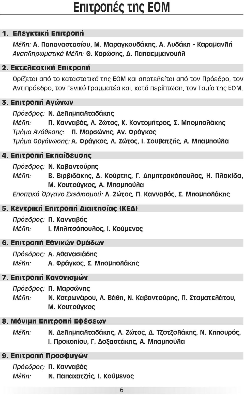 Δελημπαλταδάκης Μέλη: Π. Κανναβός, Λ. Ζώτος, Κ. Κοντομήτρος, Σ. Μπομπολάκης Τμήμα Ανάθεσης: Π. Μαρσώνης, Αν. Φράγκος Τμήμα Οργάνωσης: Α. Φράγκος, Λ. Ζώτος, Ι. Σουβατζής, Α. Μπαμπούλα 4.