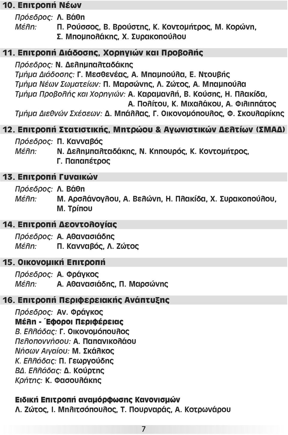 Πολίτου, Κ. Μιχαλάκου, Α. Φιλιππάτος Τμήμα Διεθνών Σχέσεων: Δ. Μπάλλας, Γ. Οικονομόπουλος, Φ. Σκουλαρίκης 12. Επιτροπή Στατιστικής, Μητρώου & Αγωνιστικών Δελτίων (ΣΜΑΔ) Πρόεδρος: Π. Κανναβός Μέλη: Ν.