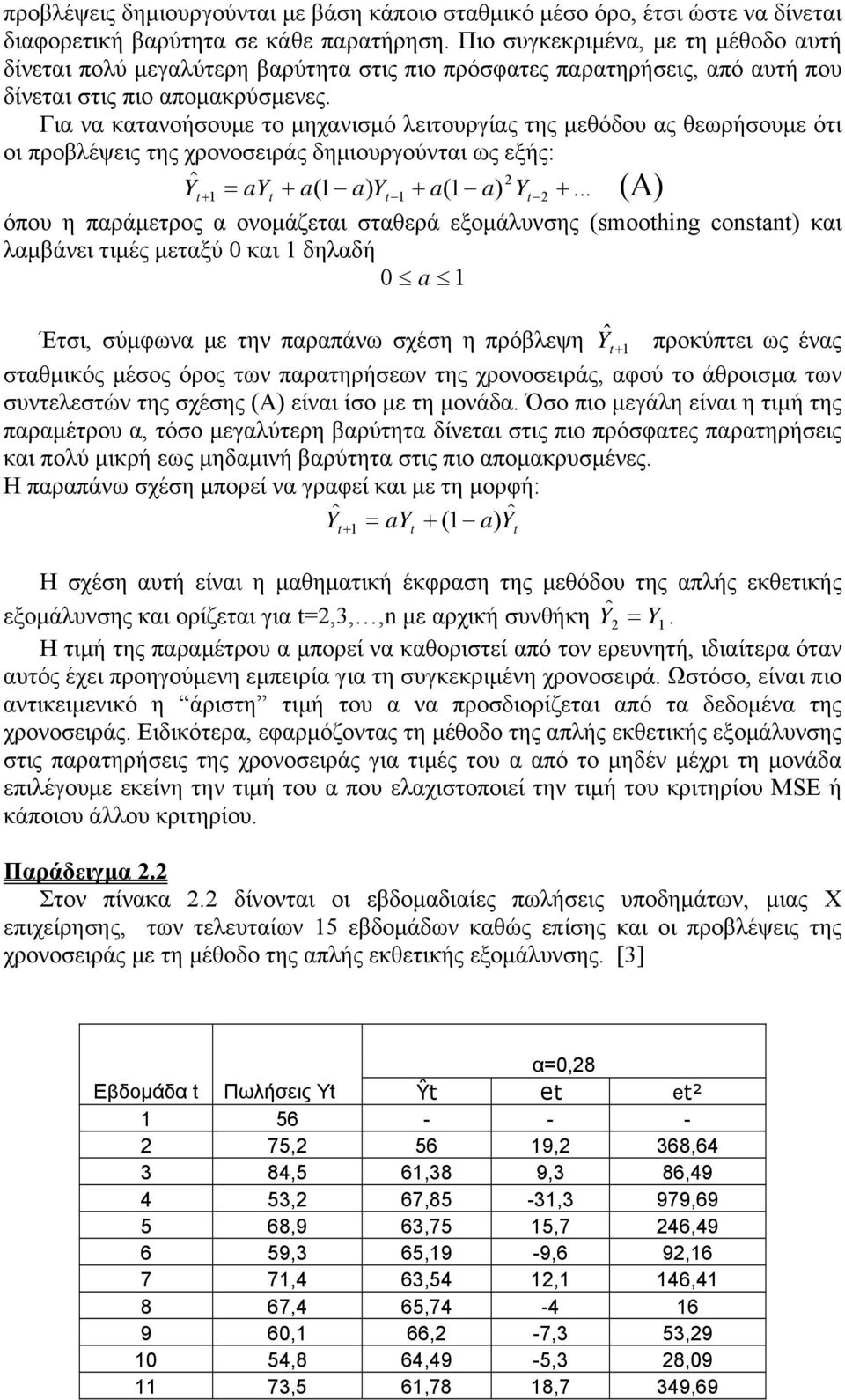 Για να κατανοήσουμε το μηχανισμό λειτουργίας της μεθόδου ας θεωρήσουμε ότι οι προβλέψεις της χρονοσειράς δημιουργούνται ως εξής: ˆ 2 Y + 1 = ay + a(1 a) Y 1 + a(1 a) Y 2 +.