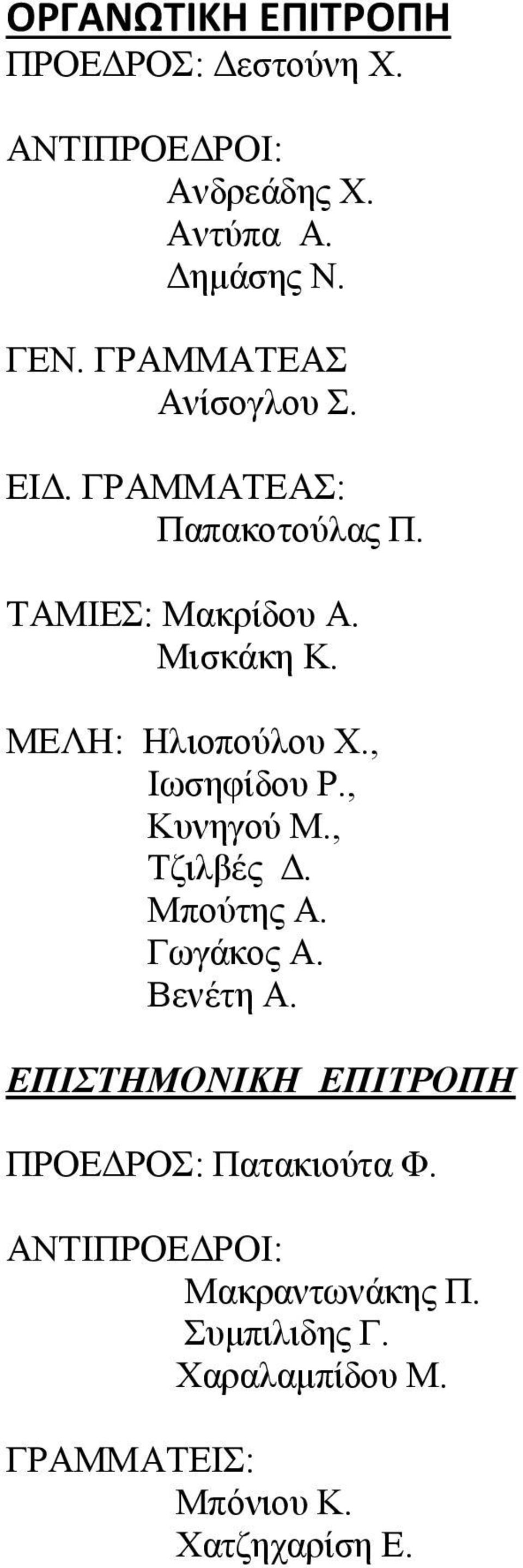 ΜΕΛΗ: Ηλιοπούλου Χ., Ιωσηφίδου Ρ., Κυνηγού Μ., Τζιλβές Δ. Μπούτης Α. Γωγάκος Α. Βενέτη Α.