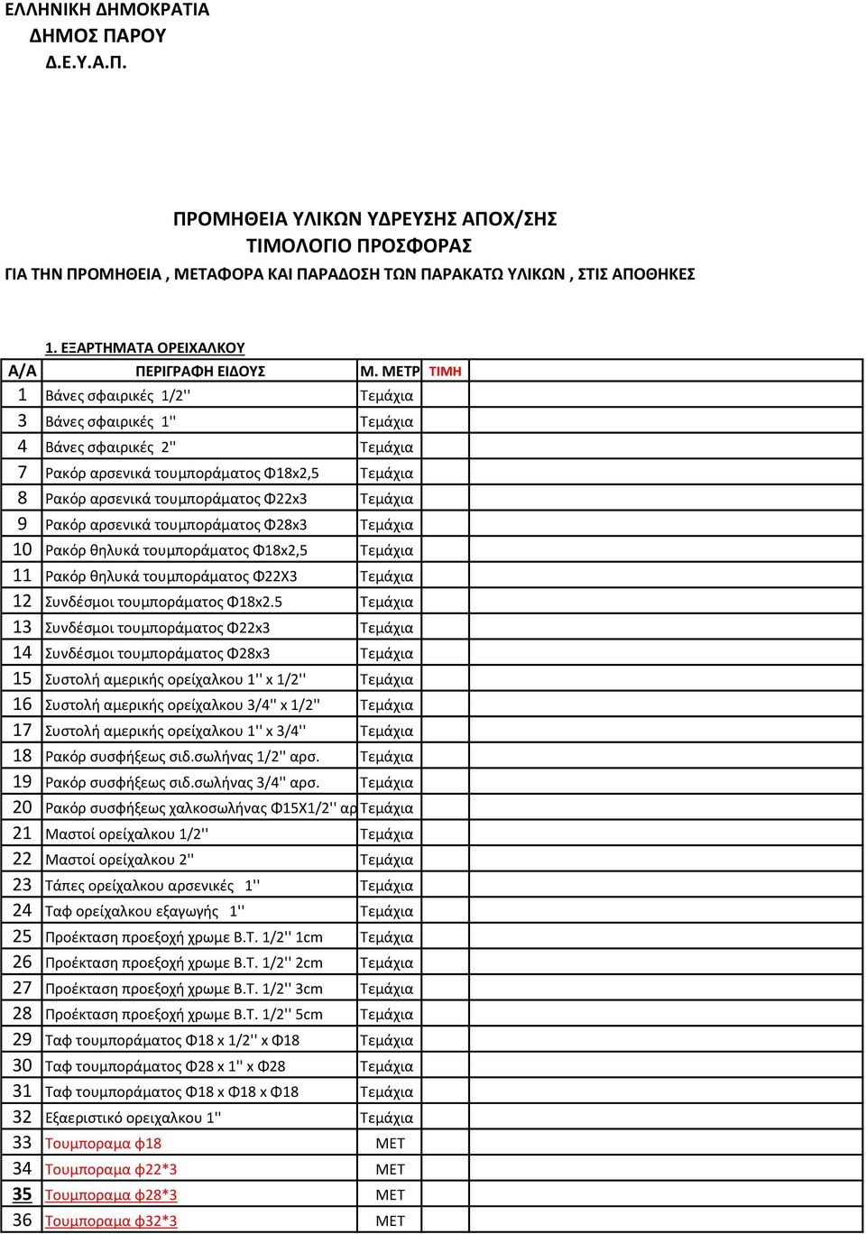 ΜΕΤΡ ΤΙΜΗ 1 Βάνες σφαιρικές 1/2'' Τεμάχια 3 Βάνες σφαιρικές 1'' Τεμάχια 4 Βάνες σφαιρικές 2'' Τεμάχια 7 Ρακόρ αρσενικά τουμποράματος Φ18x2,5 Τεμάχια 8 Ρακόρ αρσενικά τουμποράματος Φ22x3 Τεμάχια 9