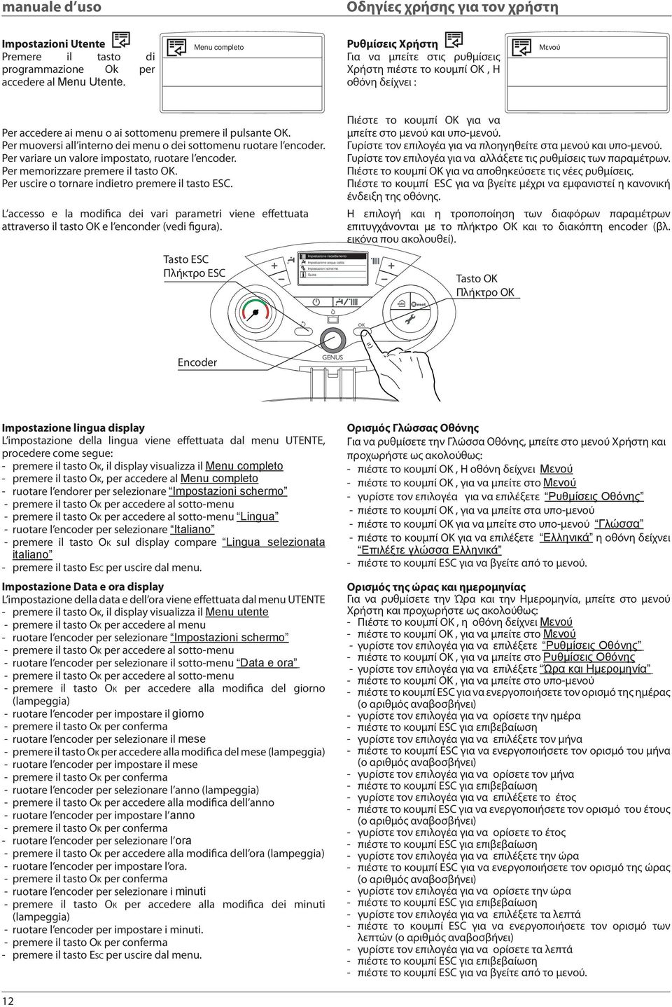 Per muoversi all interno dei menu o dei sottomenu ruotare l encoder. Per variare un valore impostato, ruotare l encoder. Per memorizzare premere il tasto OK.