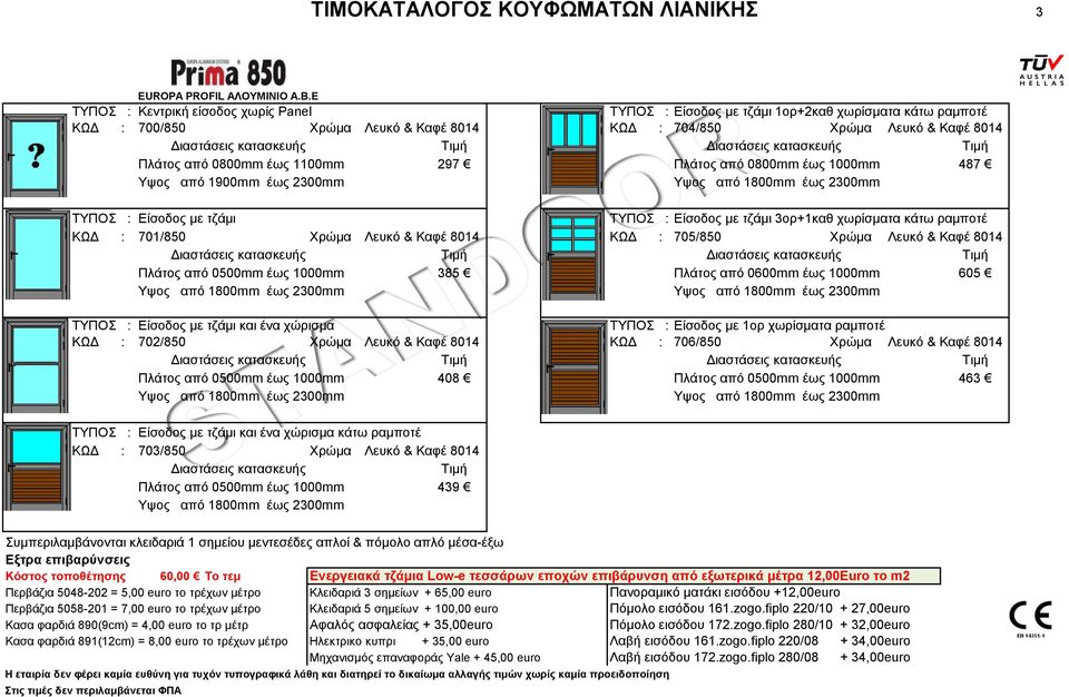 Διαστάσεις κατασκευής Τιμή Πλάτος από 0800mm έως 1100mm 297 Πλάτος από 0800mm έως 1000mm 487 Υψος από 1900mm έως 2300mm ΤΥΠΟΣ : Είσοδος με τζάμι ΤΥΠΟΣ : Είσοδος με τζάμι 3ορ+1καθ χωρίσματα κάτω