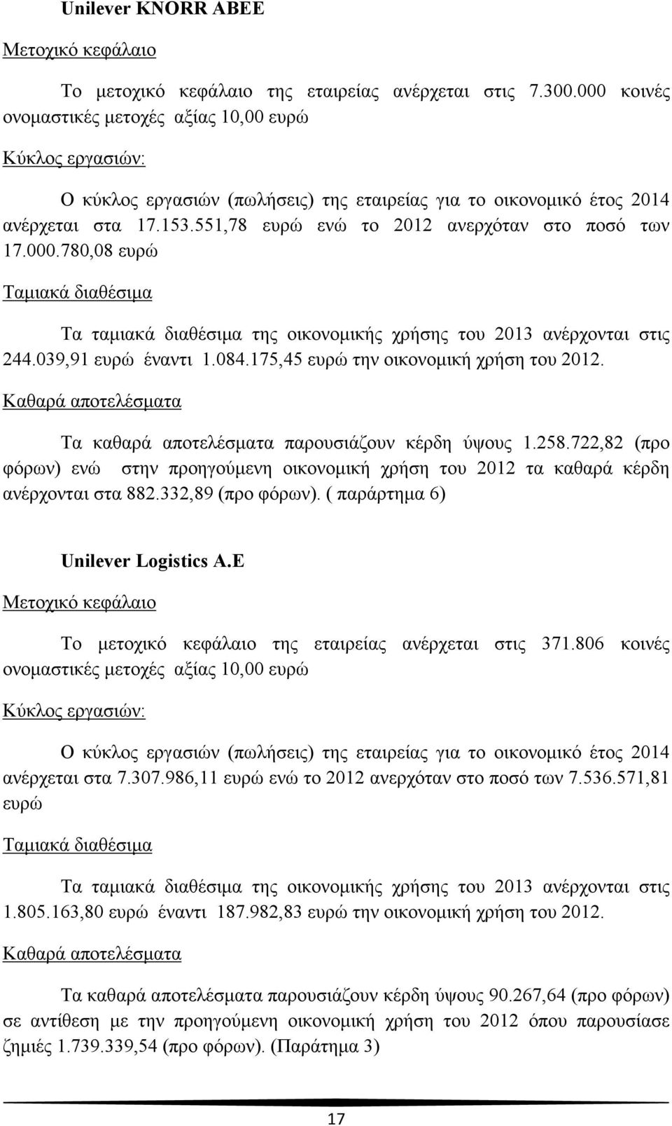 551,78 ευρώ ενώ το 2012 ανερχόταν στο ποσό των 17.000.780,08 ευρώ Ταμιακά διαθέσιμα Τα ταμιακά διαθέσιμα της οικονομικής χρήσης του 2013 ανέρχονται στις 244.039,91 ευρώ έναντι 1.084.