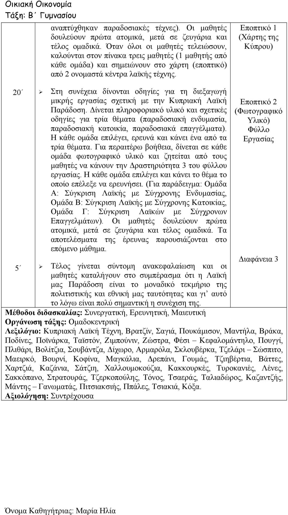 Εποπτικό 1 (Χάρτης της Κύπρου) 20 Στη συνέχεια δίνονται οδηγίες για τη διεξαγωγή μικρής εργασίας σχετική με την Κυπριακή Λαϊκή Παράδοση.