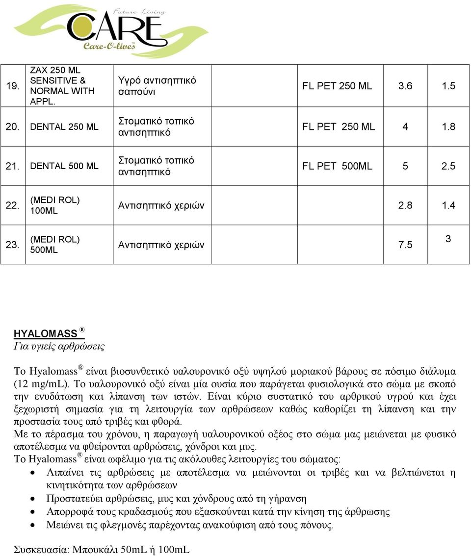 5 3 HYALOMASS Για υγιείς αρθρώσεις To Hyalomass είναι βιοσυνθετικό υαλουρονικό οξύ υψηλού μοριακού βάρους σε πόσιμο διάλυμα (12 mg/ml).